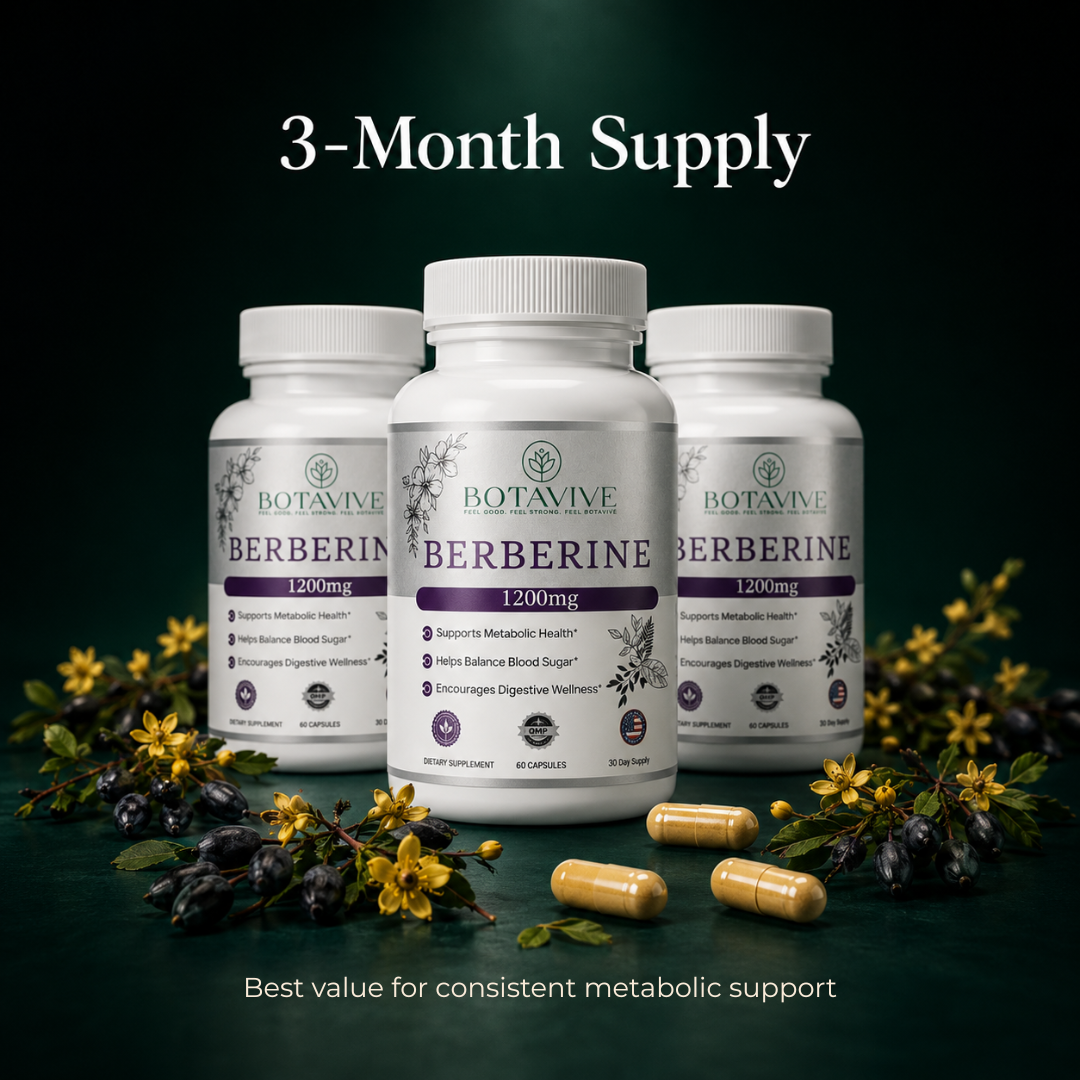 Three bottles of Botavive Berberine supplement with capsules on a dark background