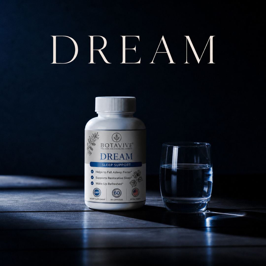 Botavive Dream sleep support supplement bottle with a glass of water on a dark background