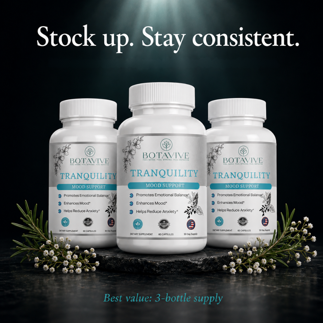Three bottles of Botavive Tranquility supplement on a dark background with text 'Stock up. Stay consistent.'