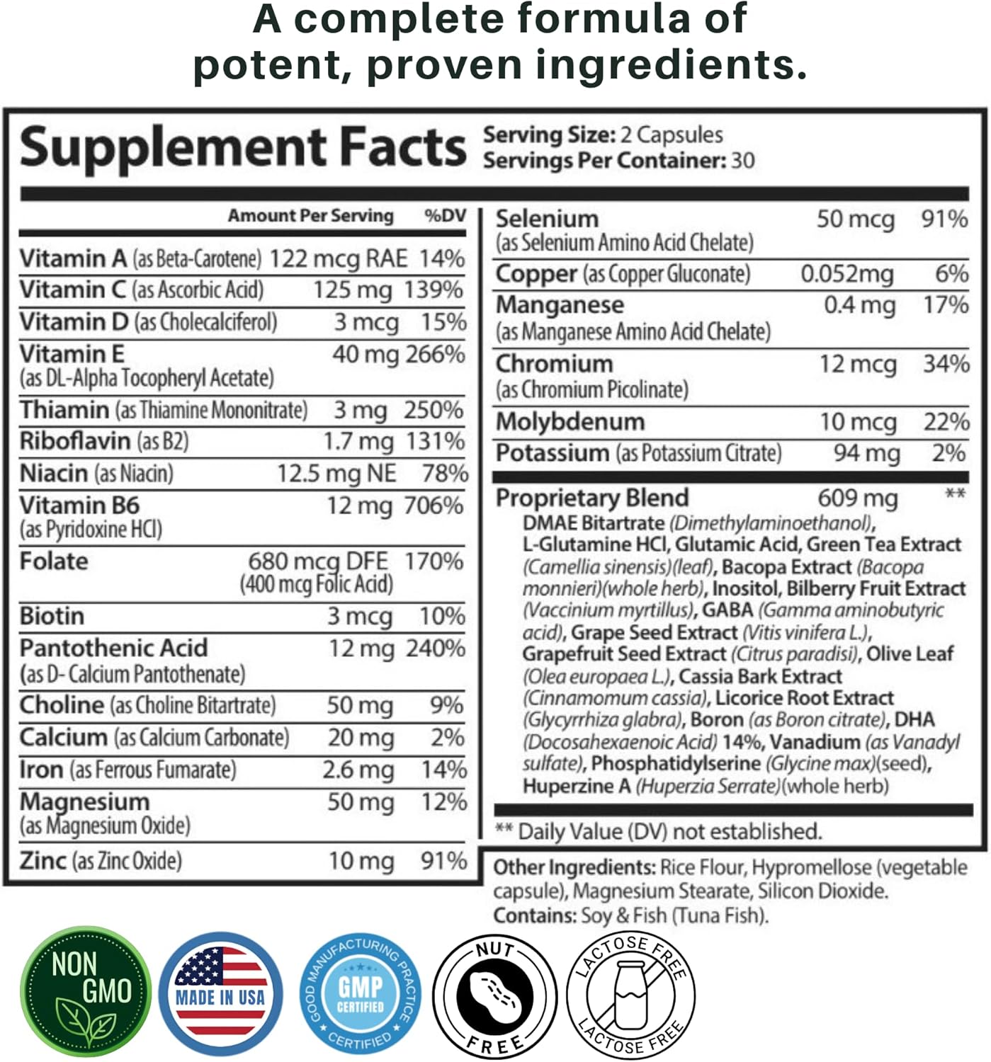 Botavive Clarity supplement facts label showing 609mg proprietary blend with Bacopa, GABA & Huperzine A for memory support