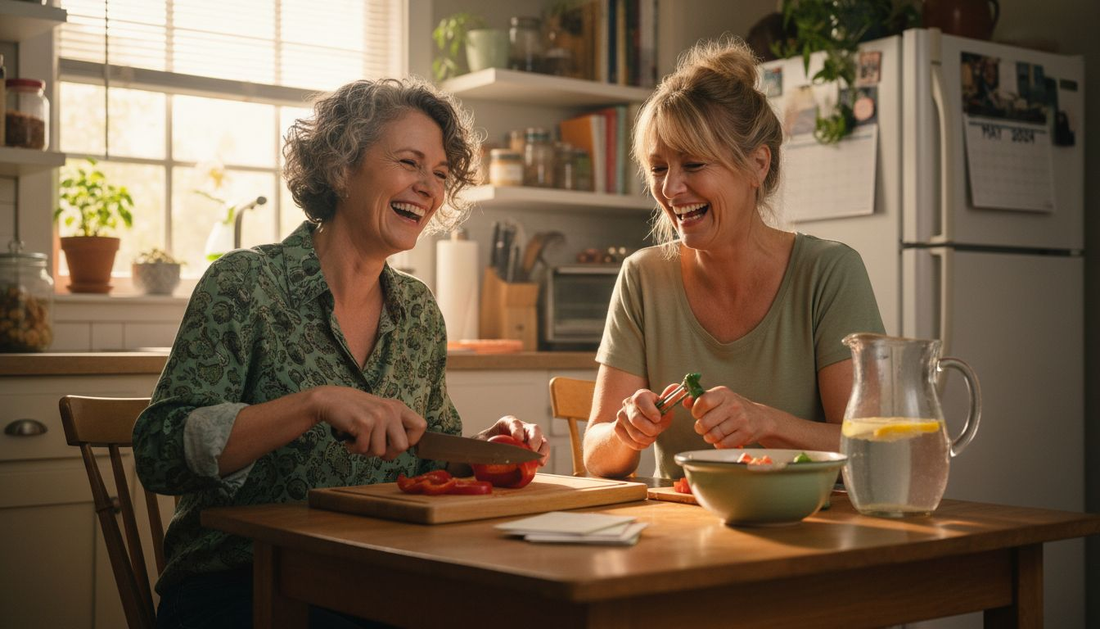 Two women preparing healthy food kitchen