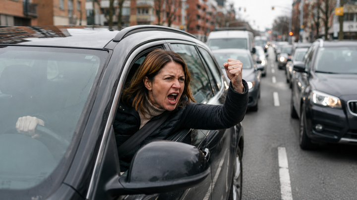 Perimenopause rage image showing an angry woman in traffic yelling out of her car window during a traffic jam on a busy city street.