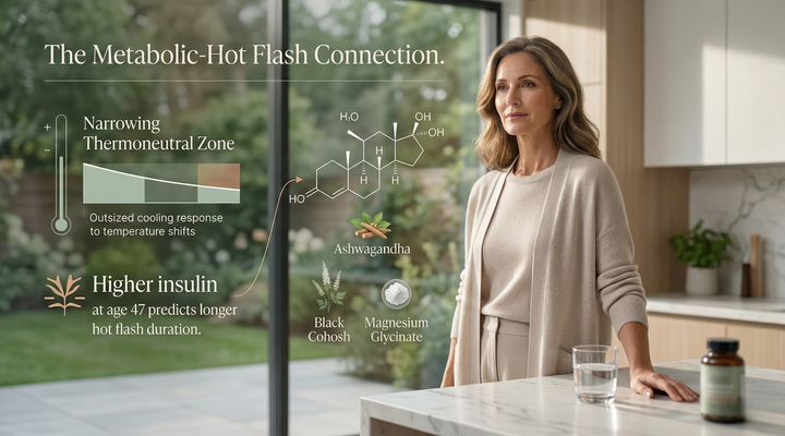 Woman in a kitchen looking at a metabolic health infographic, representing the connection between insulin and menopause hot flashes.