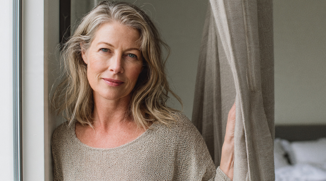 54 year old woman with natural gray hair standing by a window, gently holding a curtain and looking calmly toward the camera in soft natural light