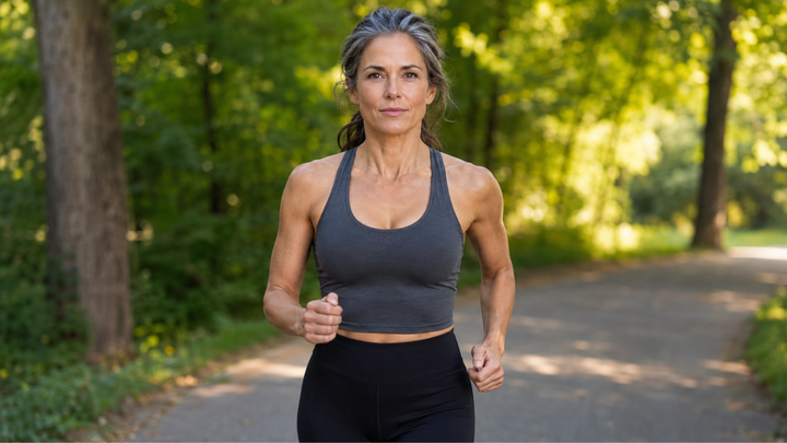 Woman in her early 50s jogging on a tree-lined path in morning light, gray-streaked hair in a loose ponytail, focused and confident expression, green foliage in the background.