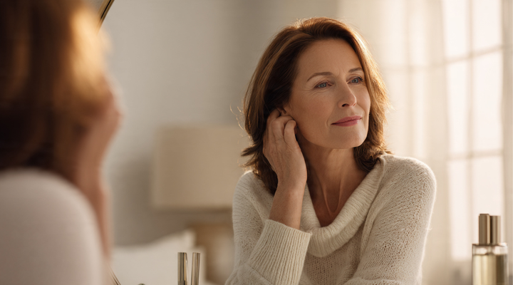54 year old woman sitting at a vanity in soft morning light, gently touching her hair while looking into a mirror in a calm bedroom setting