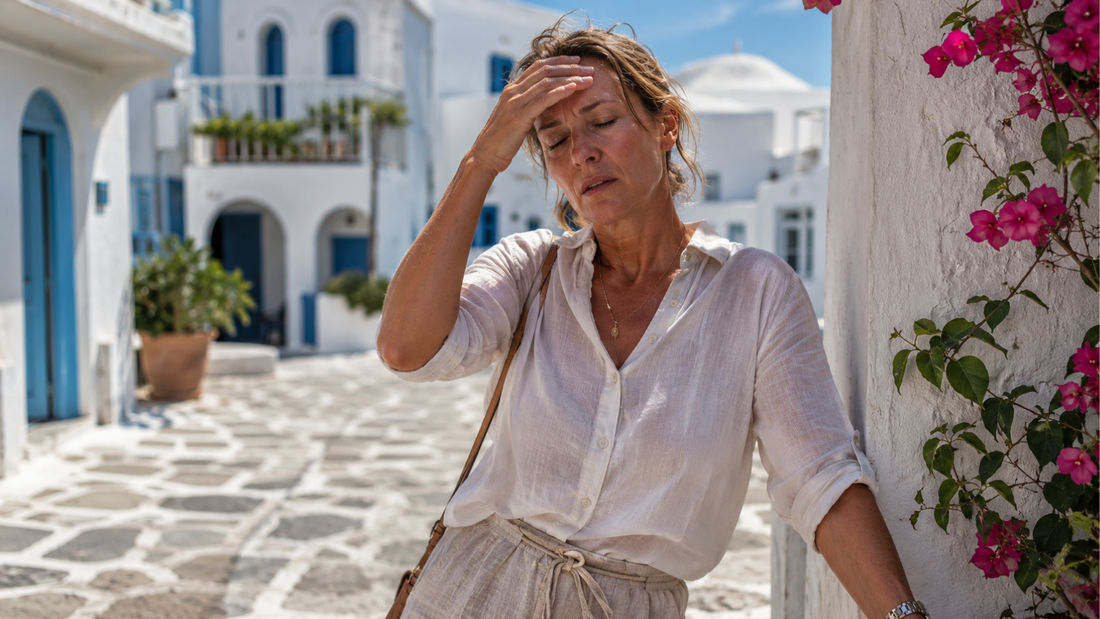  Thought process Woman in her early 50s experiencing menopause heat intolerance outdoors in summer sun, hand pressed to forehead, wearing lightweight linen clothing