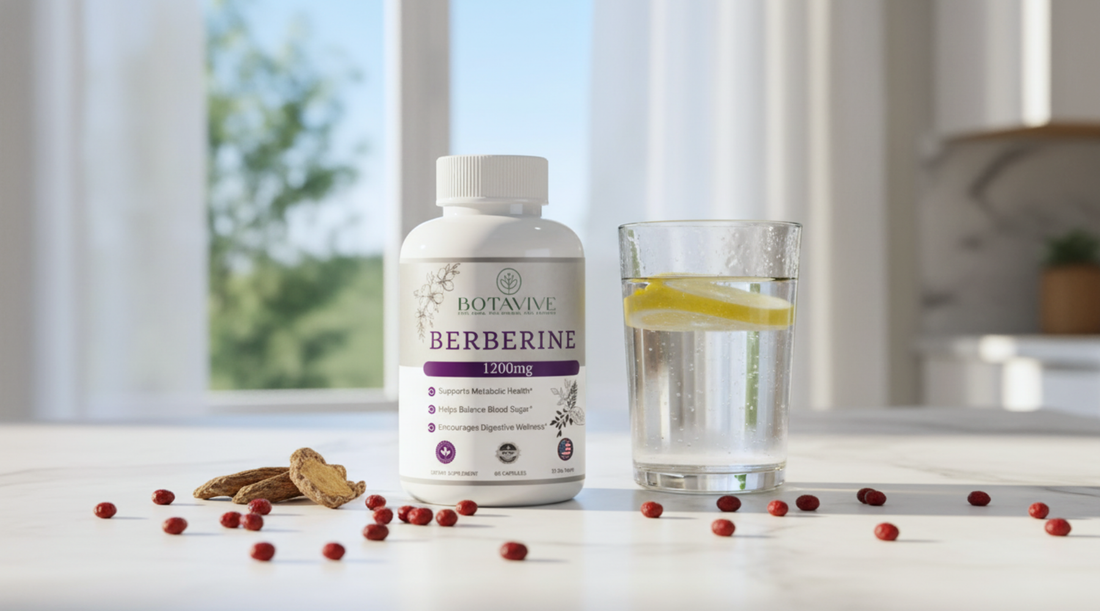 Bottle of Botavive Berberine with a glass of water in a modern kitchen