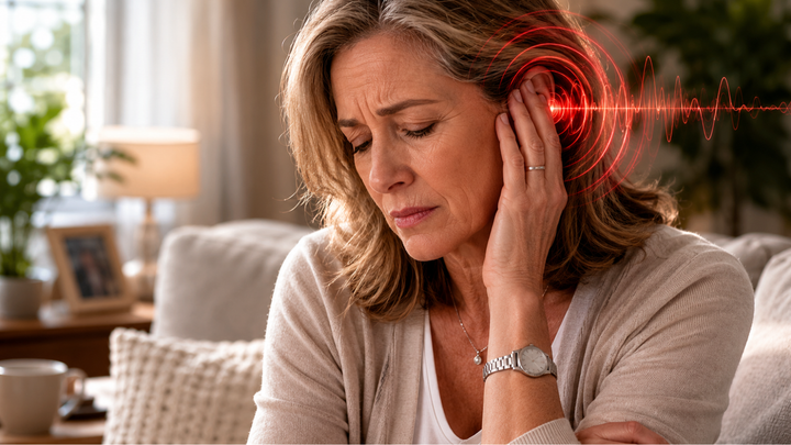 Woman pressing her hand to her ear with a pained expression, with a red sound wave graphic overlaid near the ear, illustrating tinnitus during menopause
