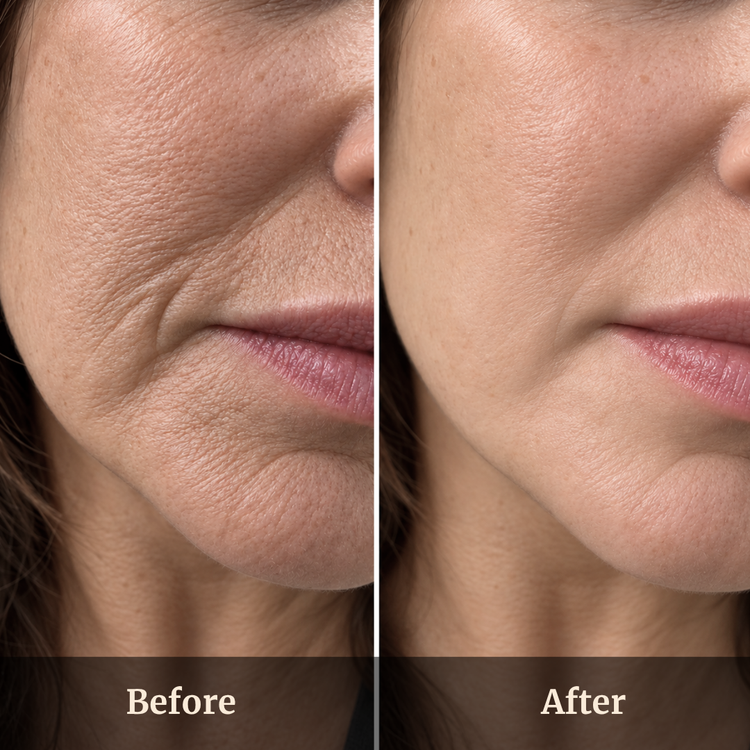 Woman in her 40s smiling while holding a finished collagen powder smoothie