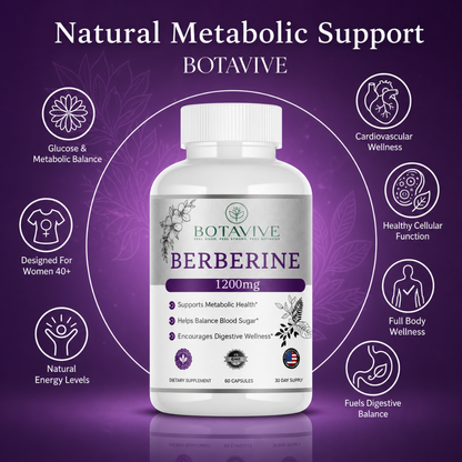 BOTAVIVE Berberine supplement bottle on a purple background with health benefits icons.