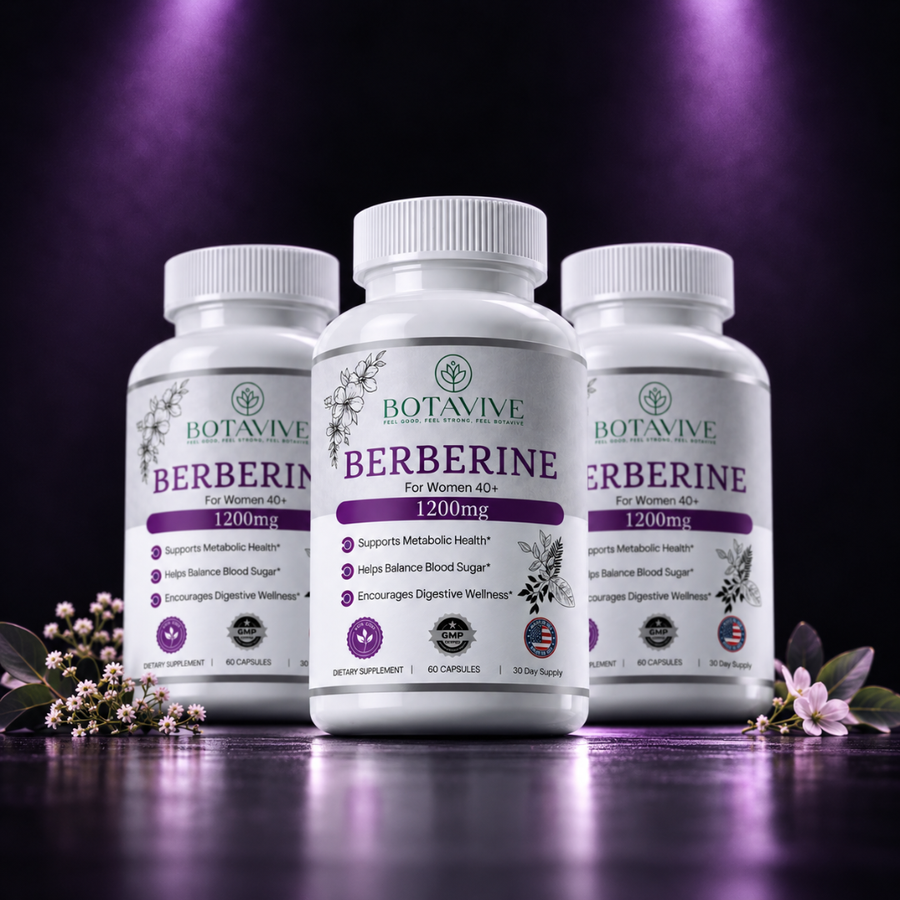 Woman in her fifties taking a berberine capsule at the start of breakfast in a bright kitchen