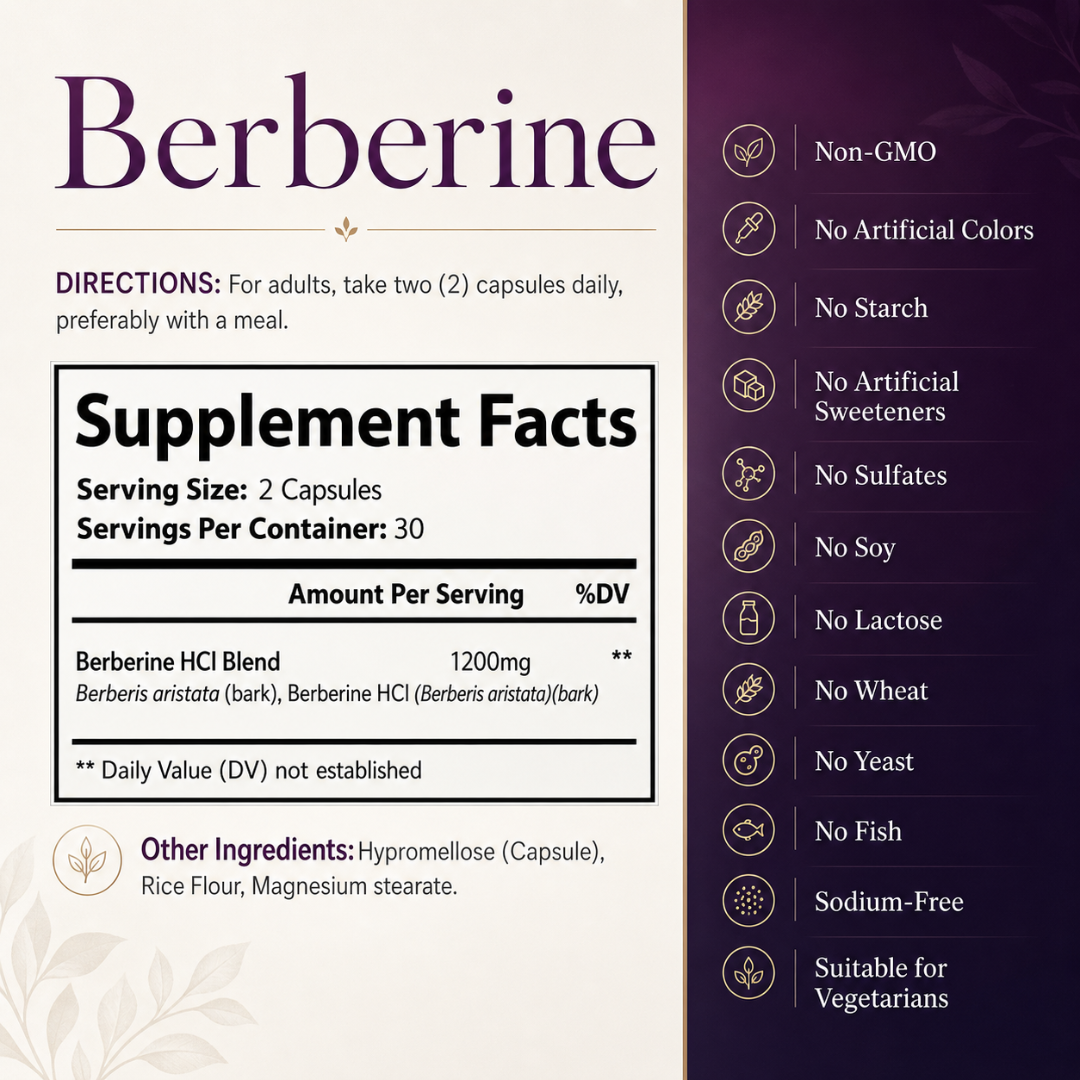 Berberine supplement label with directions, supplement facts, and benefits listed.