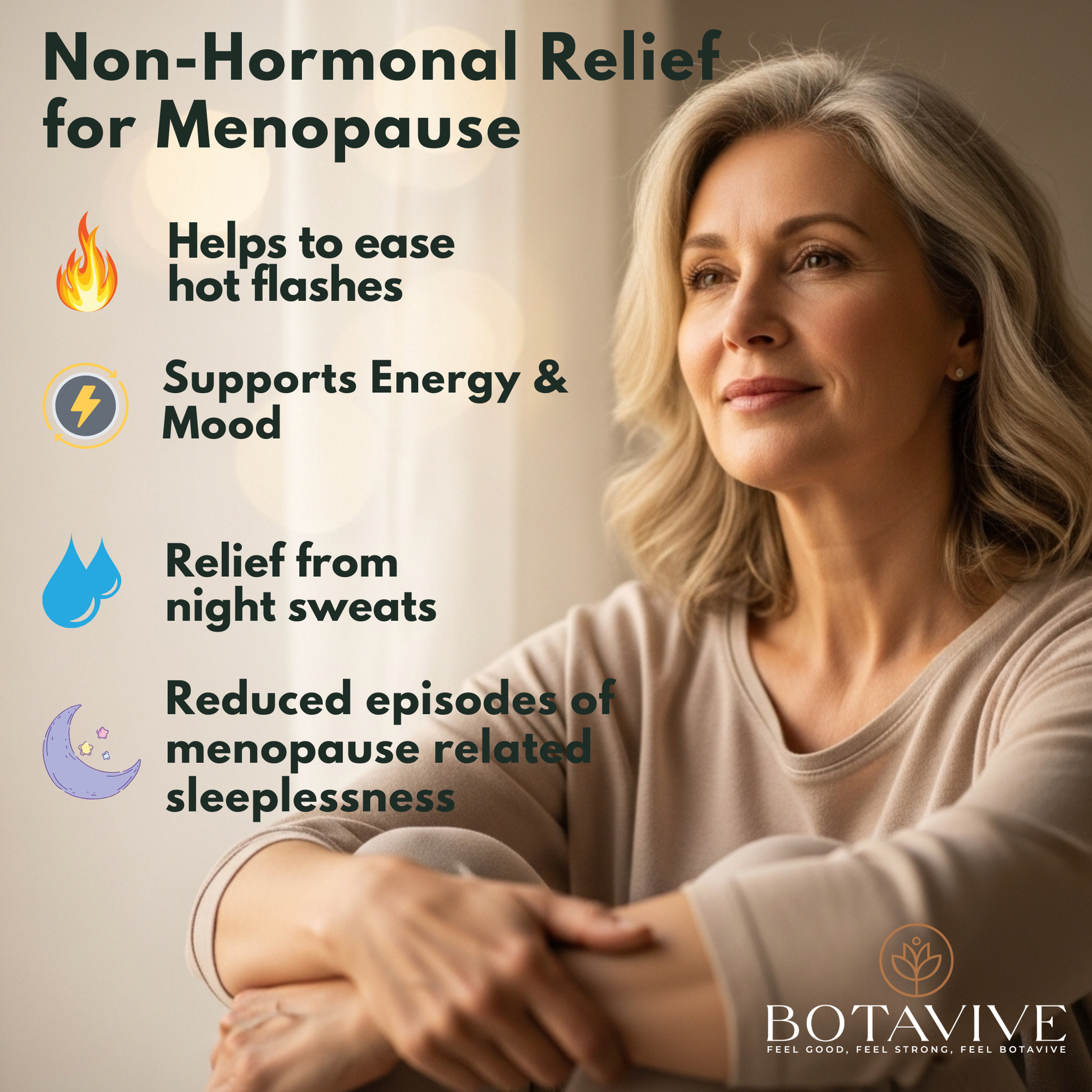 Woman with text about non-hormonal relief for menopause and Botavive branding.