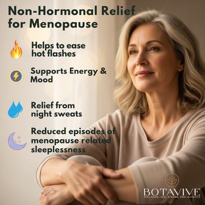 Woman with text about non-hormonal relief for menopause and Botavive branding.