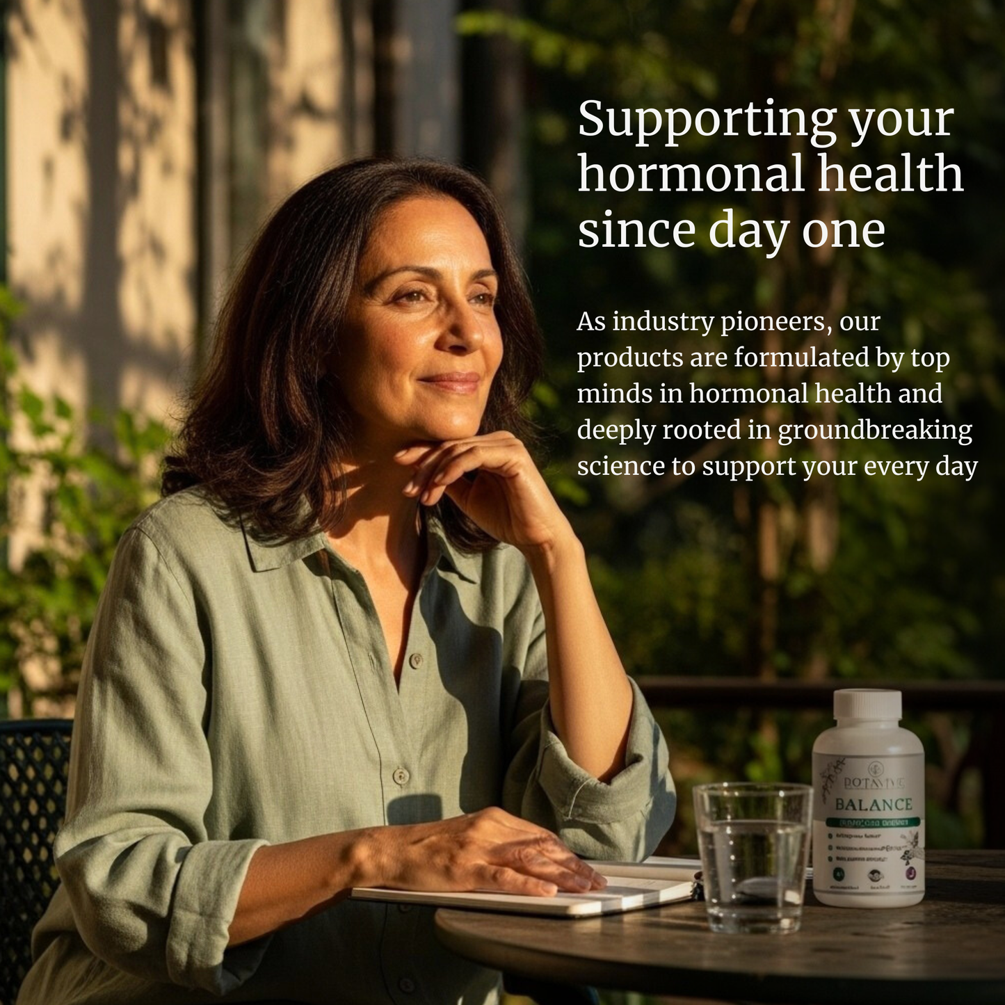 Woman sitting at a table with a bottle of supplements and text about hormonal health.