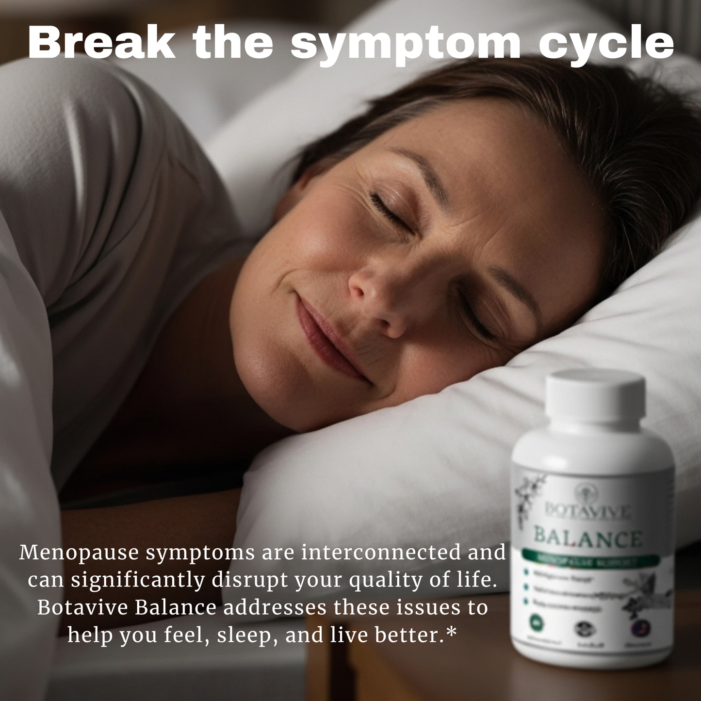 Woman lying in bed with a bottle of Botavive Balance supplement on a nightstand.