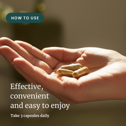 Hand holding capsules with text on how to use them