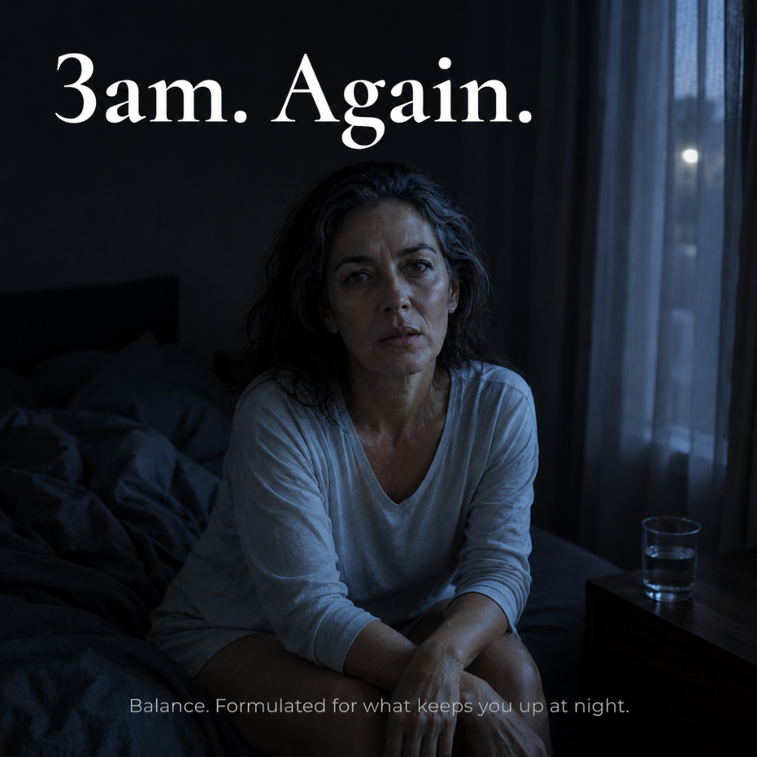 Woman sitting on a bed in a dimly lit room with text '3am. Again.'