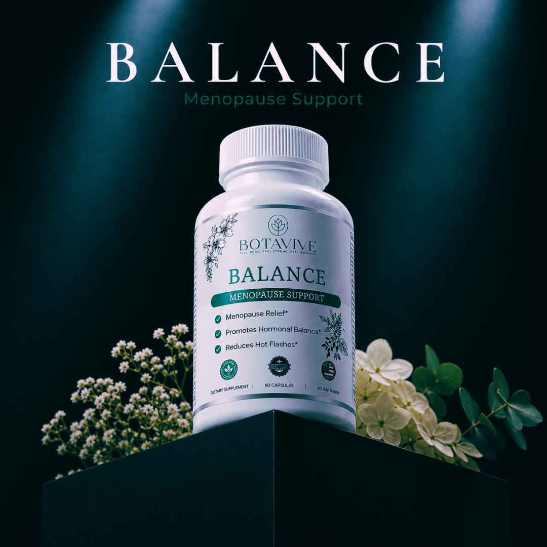 Botanive Balance menopause support supplement bottle with flowers on a dark background