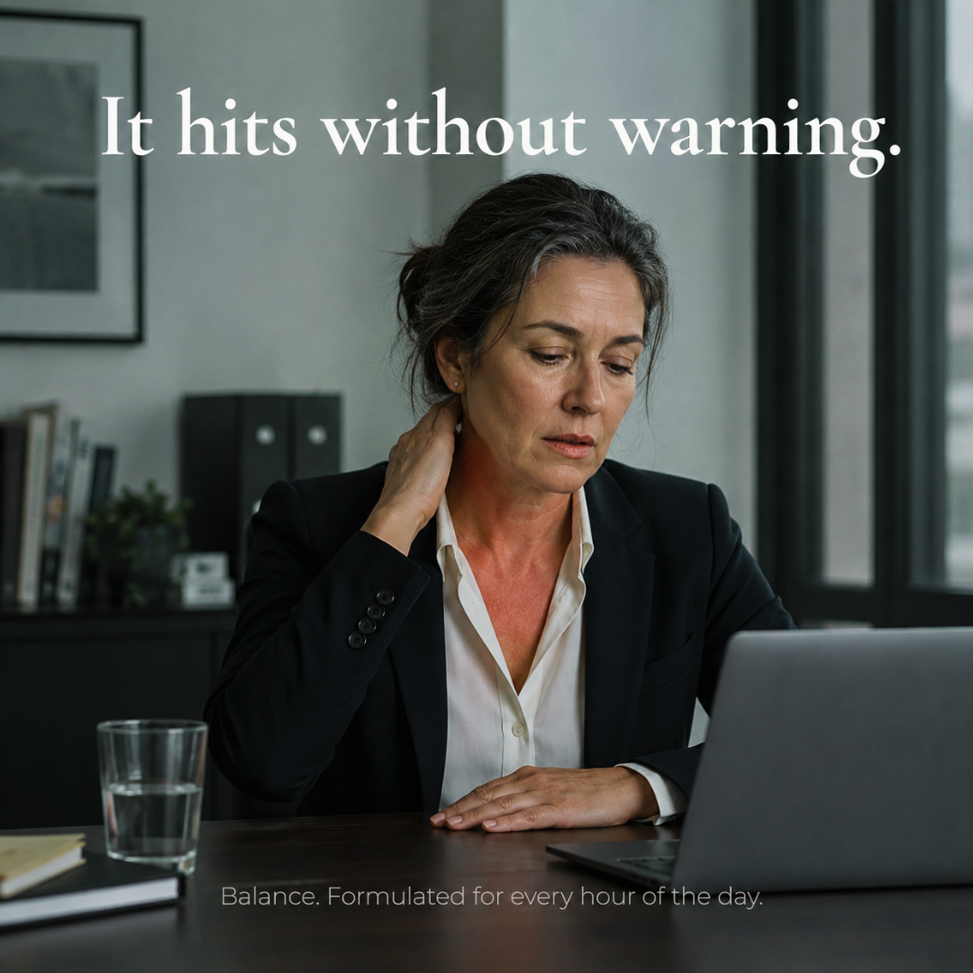Woman with neck pain sitting at a desk with a laptop, text overlay 'It hits without warning'.