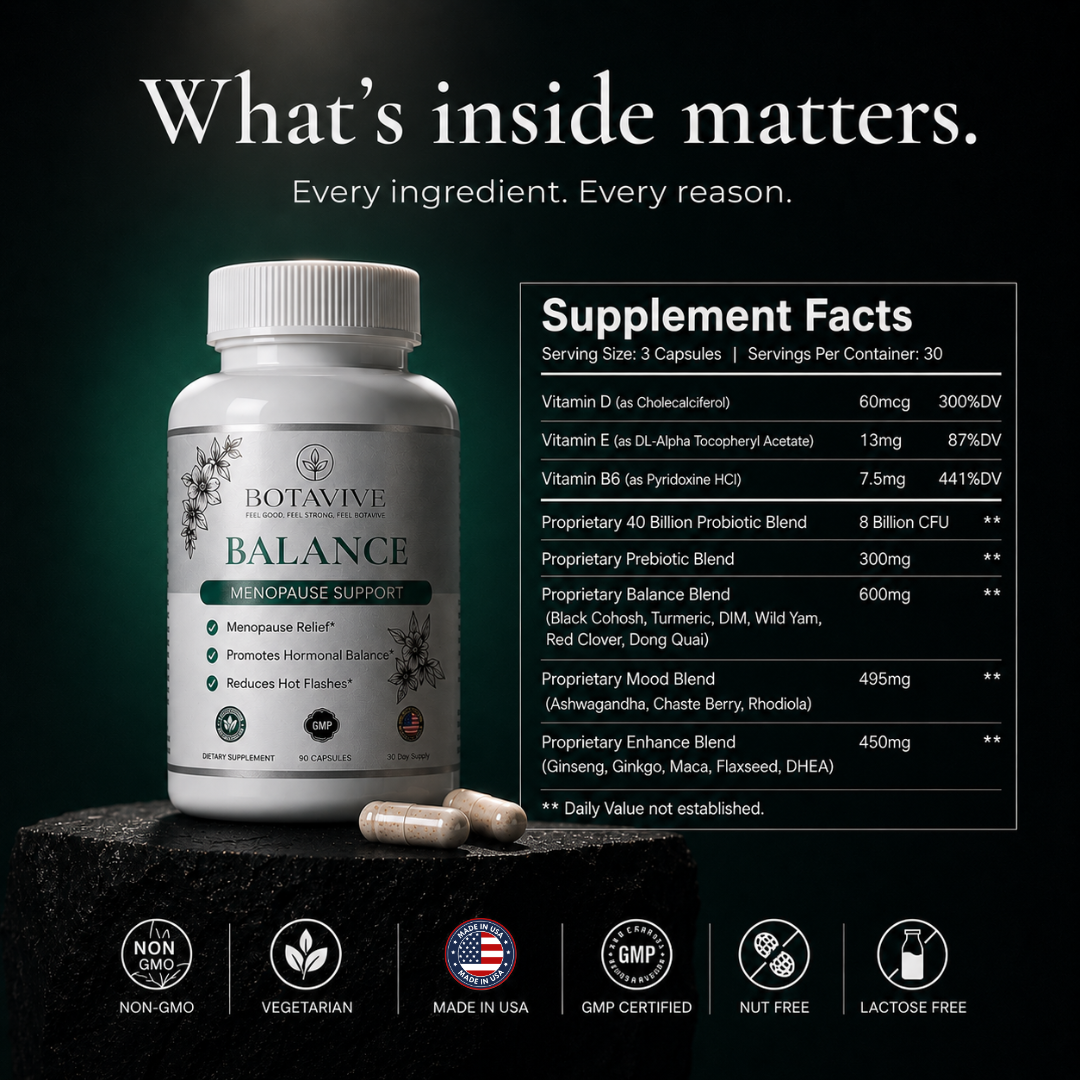 Supplement bottle labeled 'Balance' with ingredient list on a dark background