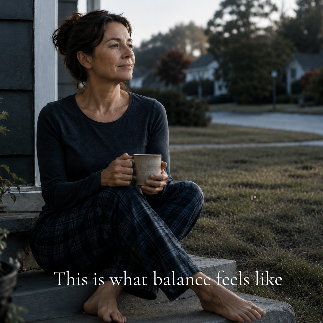Woman sitting on steps holding a mug with text 'This is what balance feels like' in a residential setting.