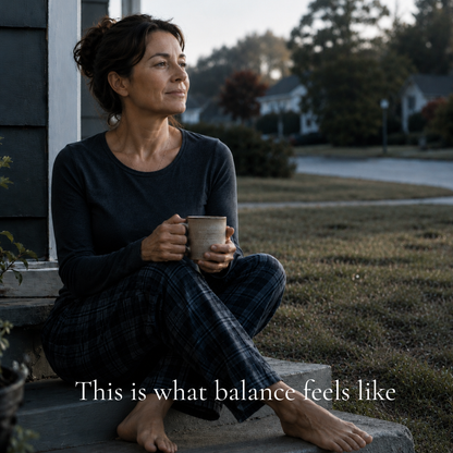 Woman sitting on steps holding a mug with text 'This is what balance feels like' in a residential setting.