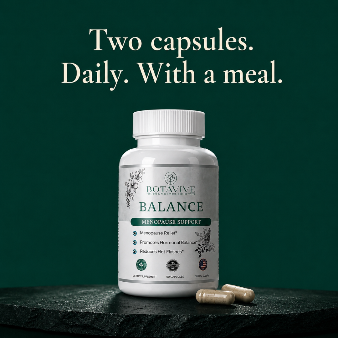 Botavive Balance supplement bottle with capsules on a dark surface and green background