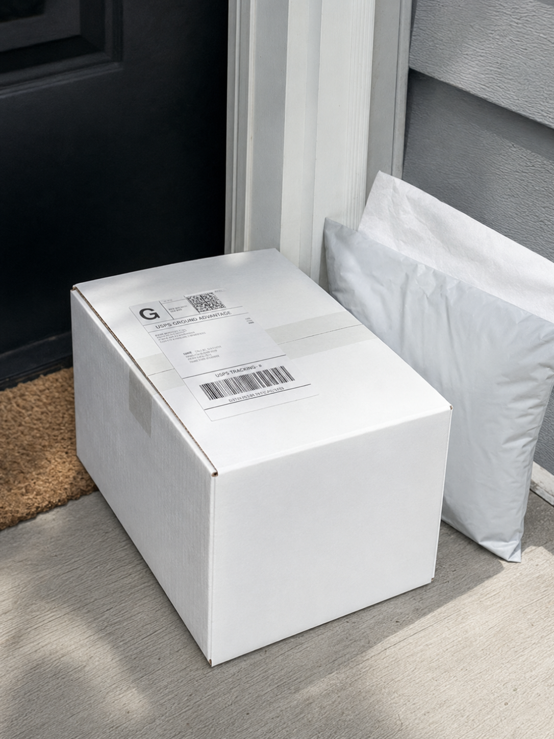 White package on a doormat with a gray wall and door in the background