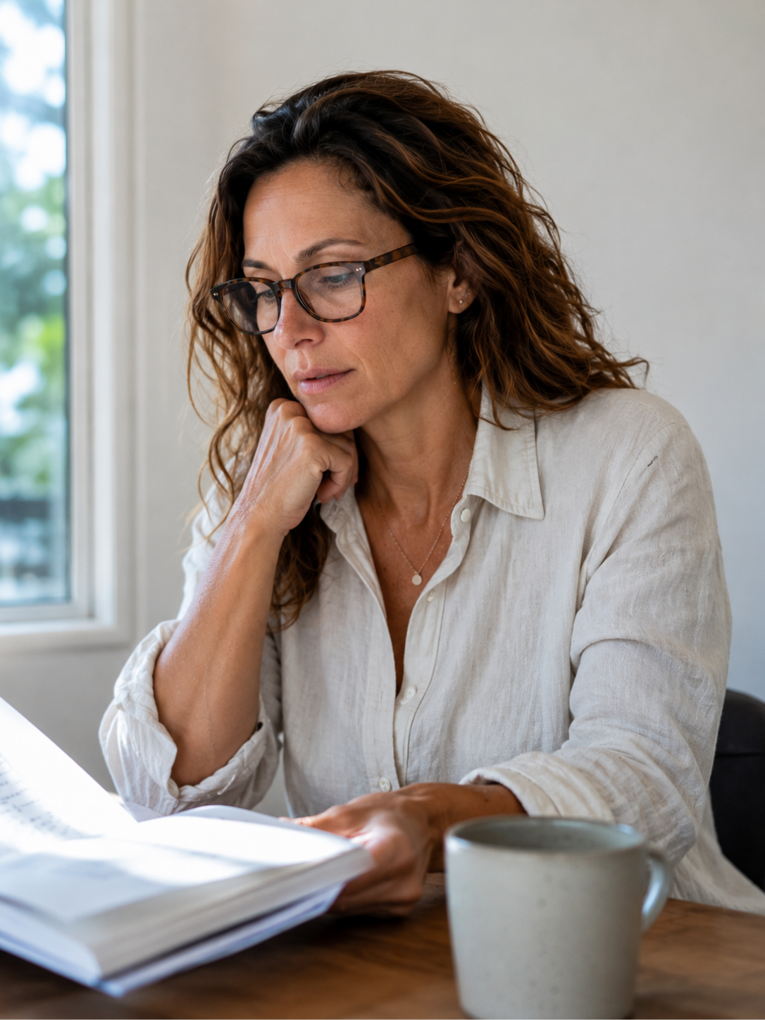 Woman sitting at a table with a book and a mug, looking thoughtful.