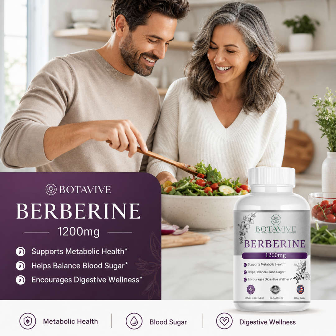 Couple cooking together in a kitchen with Botavive Berberine supplement bottle displayed.