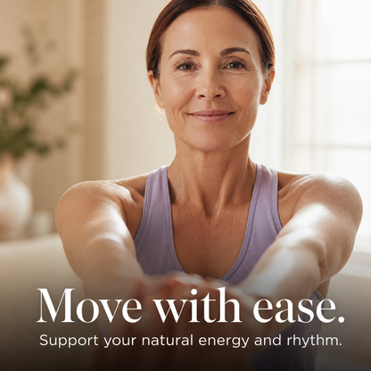 Woman in a purple sports bra and leggings stretching with text 'Move with ease. Support your natural energy and rhythm.'