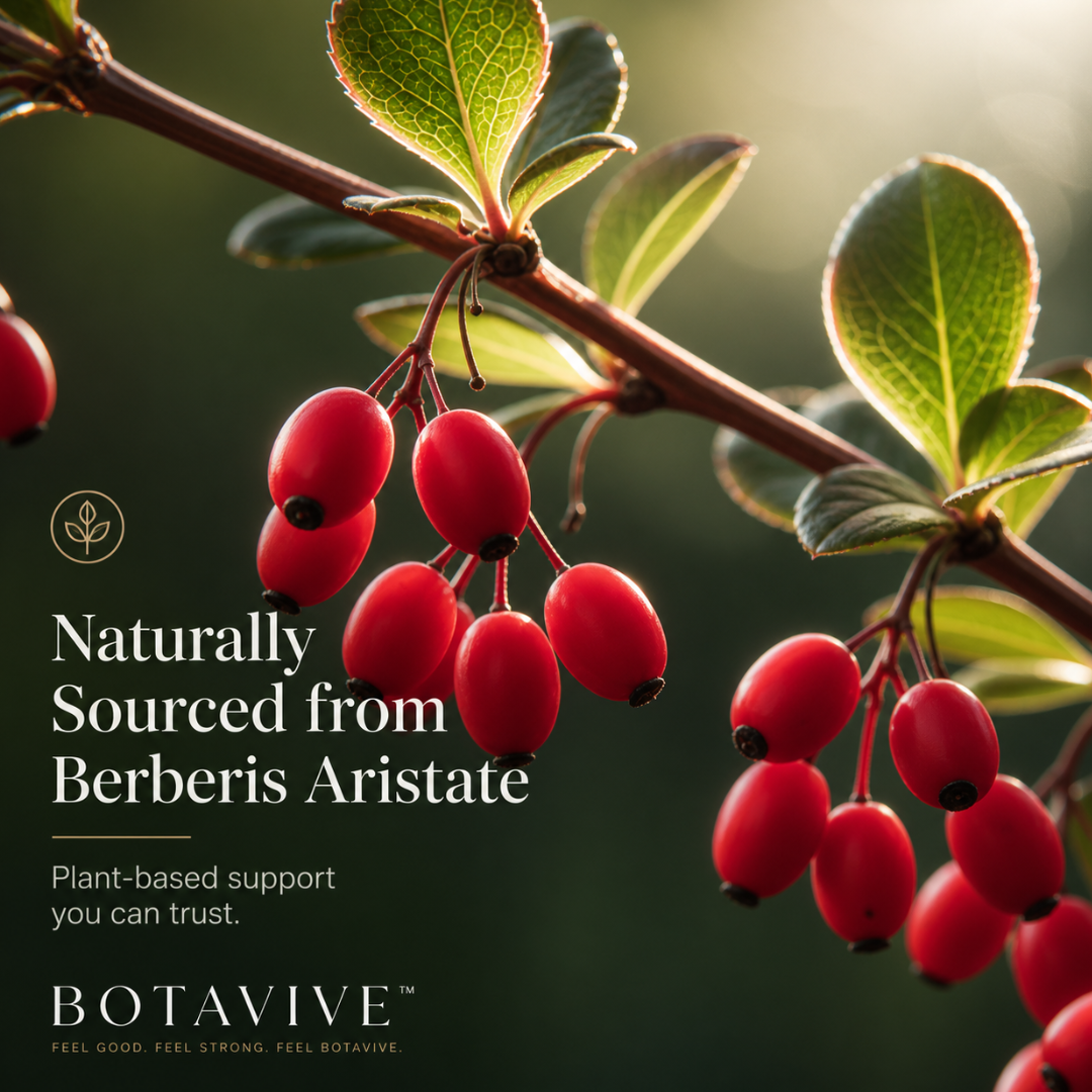 Red berries on a branch with green leaves, featuring Botavive branding.