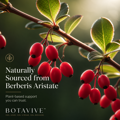 Red berries on a branch with green leaves, featuring Botavive branding.