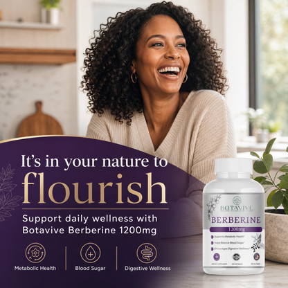 Woman smiling with Botavive Berberine supplement bottle on a table