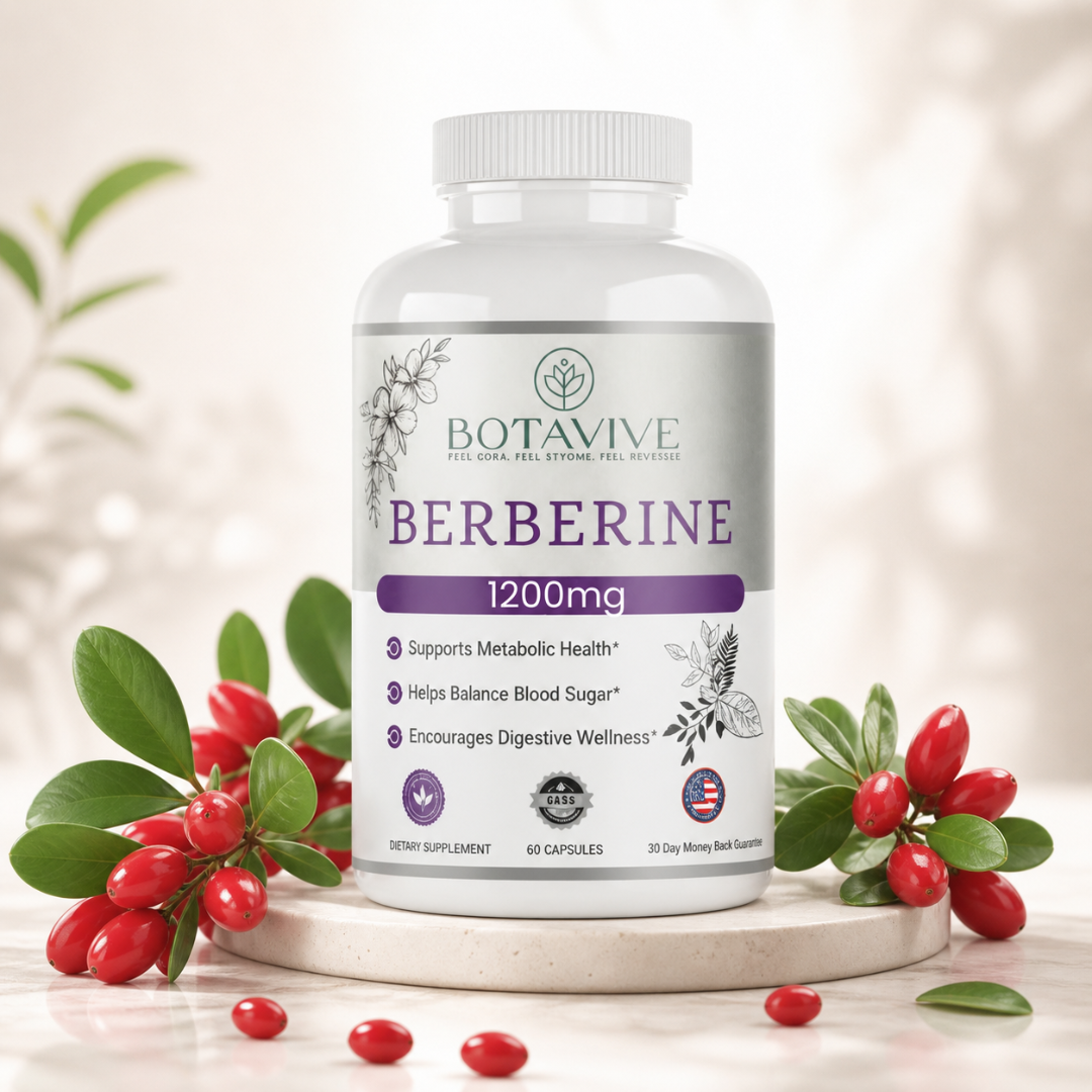 Botavive Berberine supplement bottle with red berries on a light background