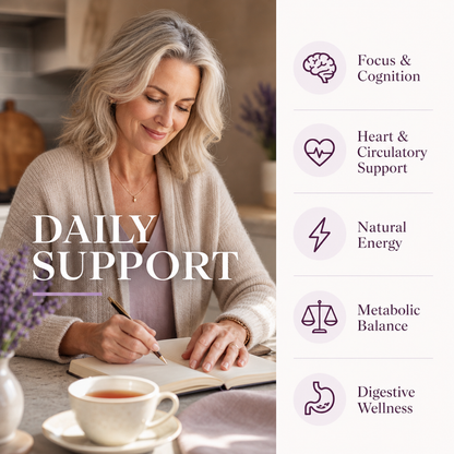Woman writing in a notebook with a cup of tea, surrounded by health benefits icons on the right.