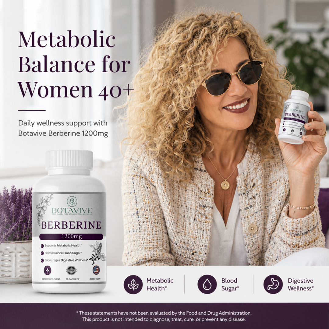 Woman holding Botavive Berberine supplement with product packaging and text about metabolic balance for women.