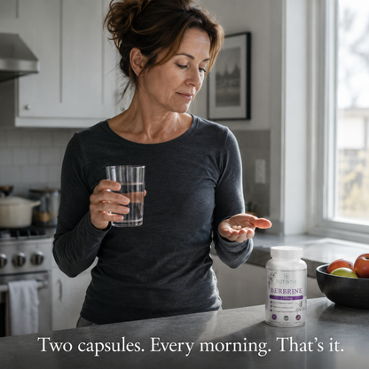 Woman in a kitchen holding a glass of water and a supplement bottle with text about taking two capsules daily.