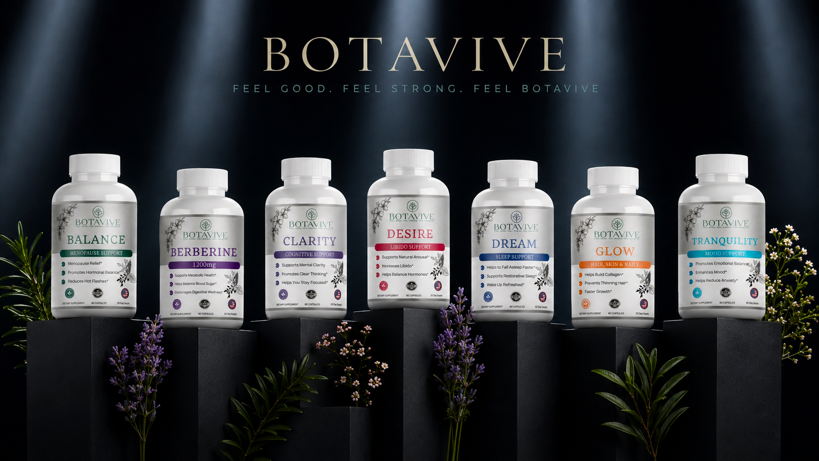 Botavive supplement bottles on a dark background with plants