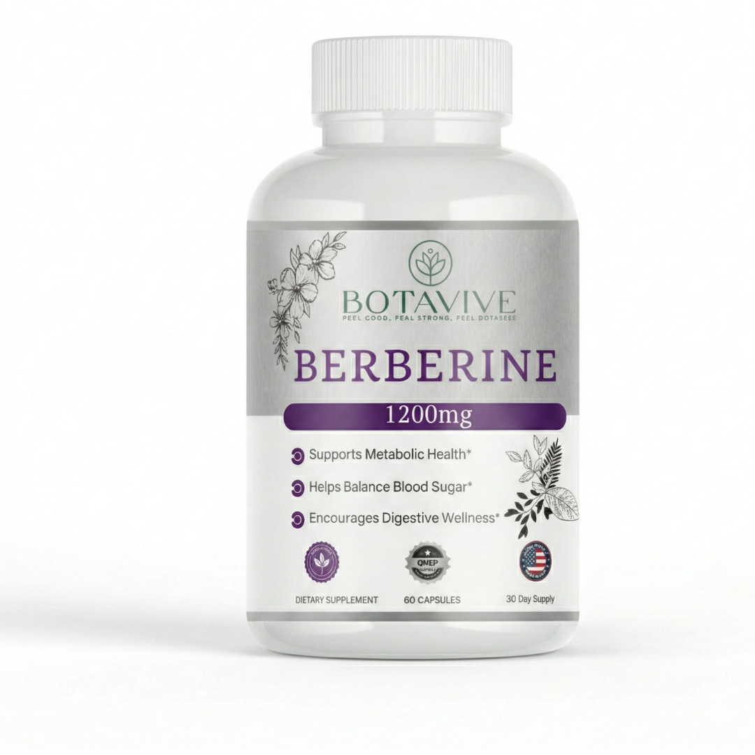 Botavive Berberine 1200mg capsules bottle highlighting blood sugar balance & metabolic health for women's daily wellness