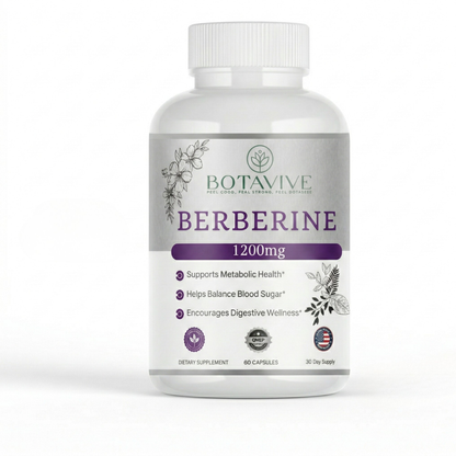 Botavive Berberine 1200mg capsules bottle highlighting blood sugar balance & metabolic health for women's daily wellness