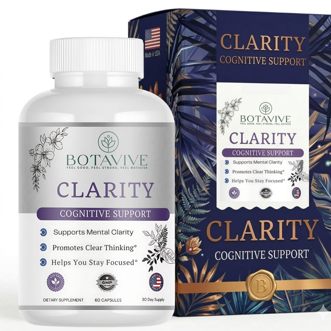 Botavive Clarity bottle and box showing 60 capsules, GMP-certified cognitive support for mental clarity and focus