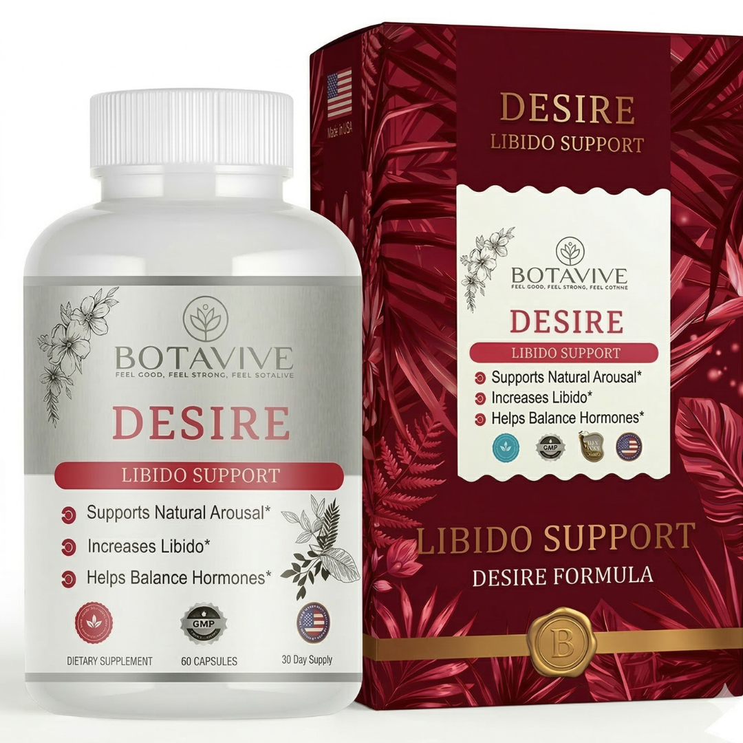 Botavive Desire libido support bottle and box showing 60 capsules for natural arousal and hormone balance