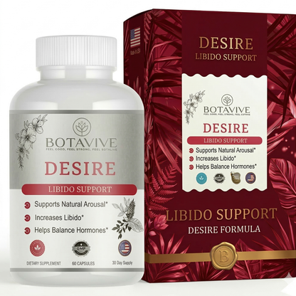 Botavive Desire libido support bottle and box showing 60 capsules for natural arousal and hormone balance