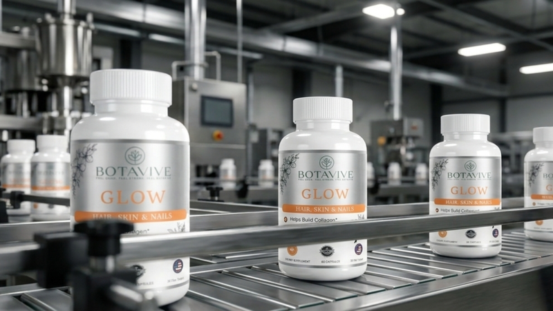 Botavive Glow supplement bottles on a production line in a factory setting