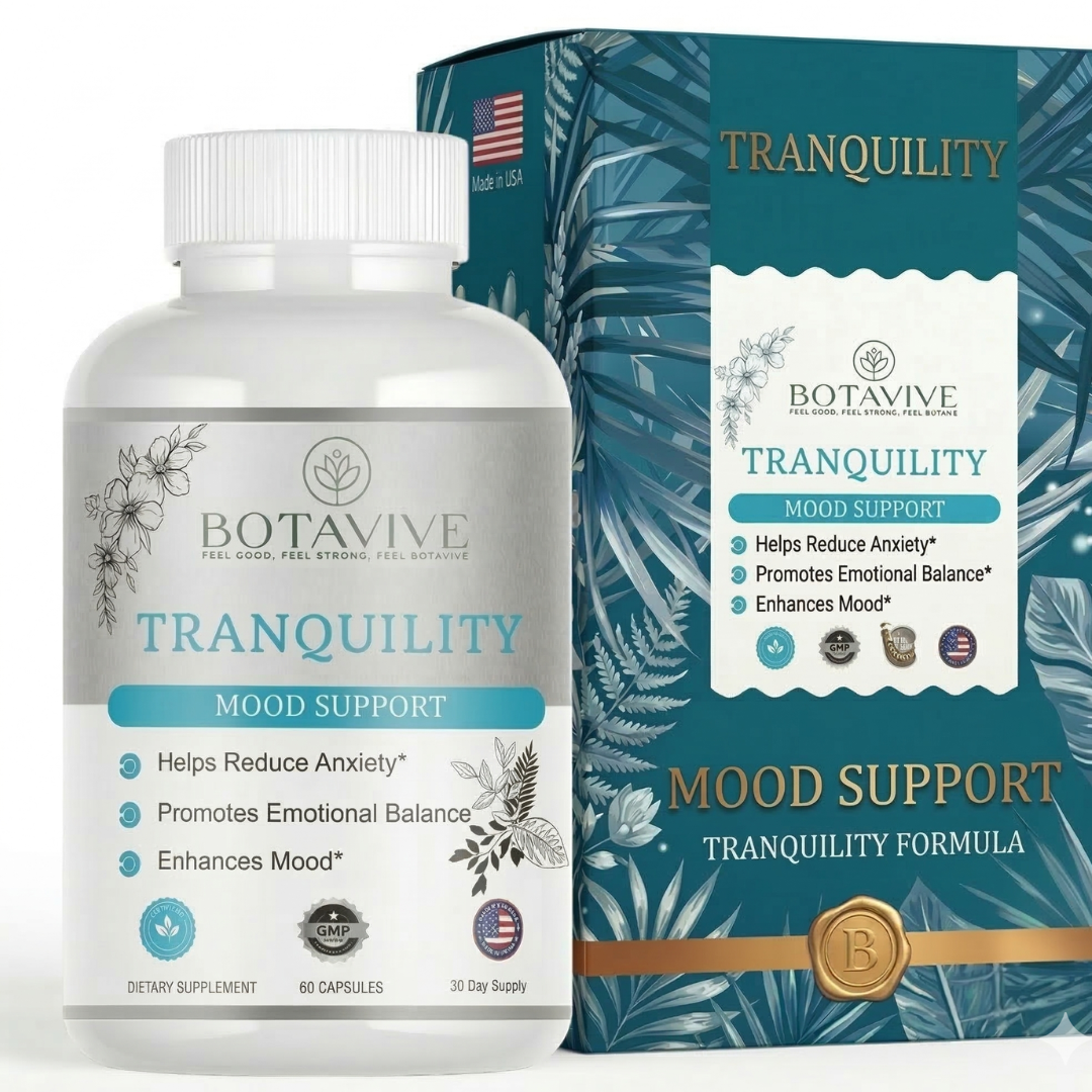 Botavive Tranquility mood support bottle and box showing 60 capsules, GMP certified, helps reduce anxiety daily