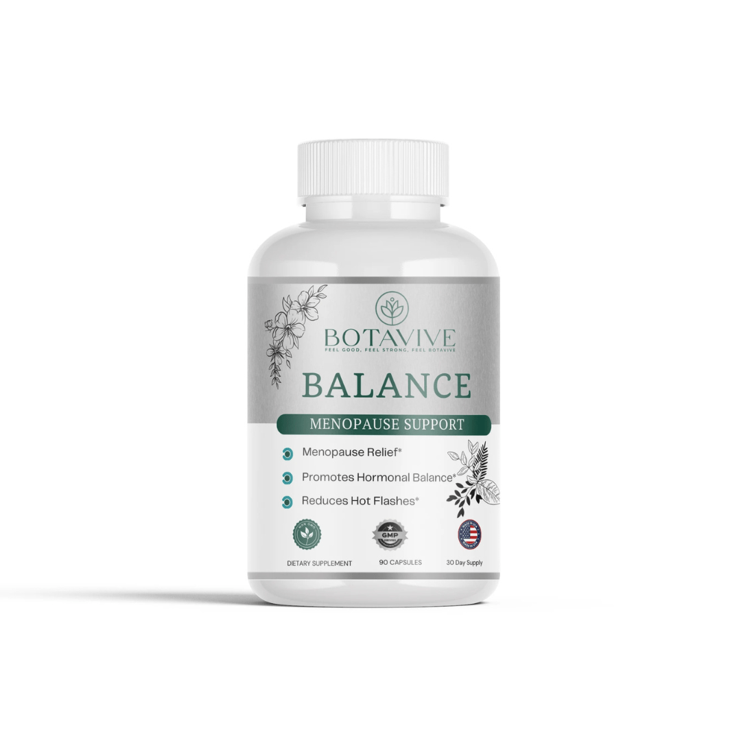 Botavive Balance bottle showing 90 capsules for menopause relief, hormonal balance, and hot flash reduction. GMP certified.