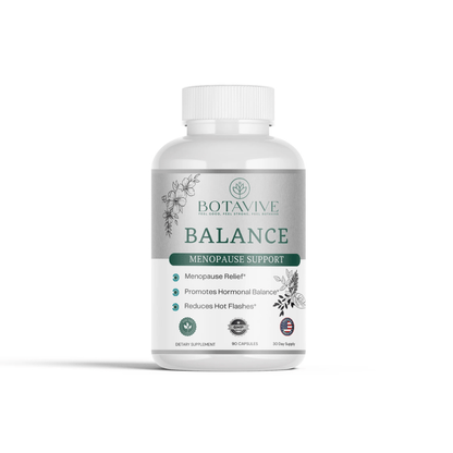Botavive Balance bottle showing 90 capsules for menopause relief, hormonal balance, and hot flash reduction. GMP certified.